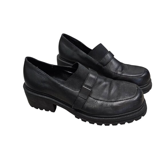 Esprit Black Leather Womens Loafers 9 Slip-On Style Chunky Tread Sole Bryant 90s - Picture 1 of 12